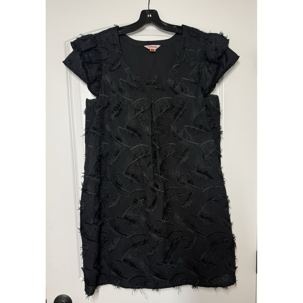 Persifor Boutique Mini Dress Womens L Black Textured Faux Feathers Made In USA